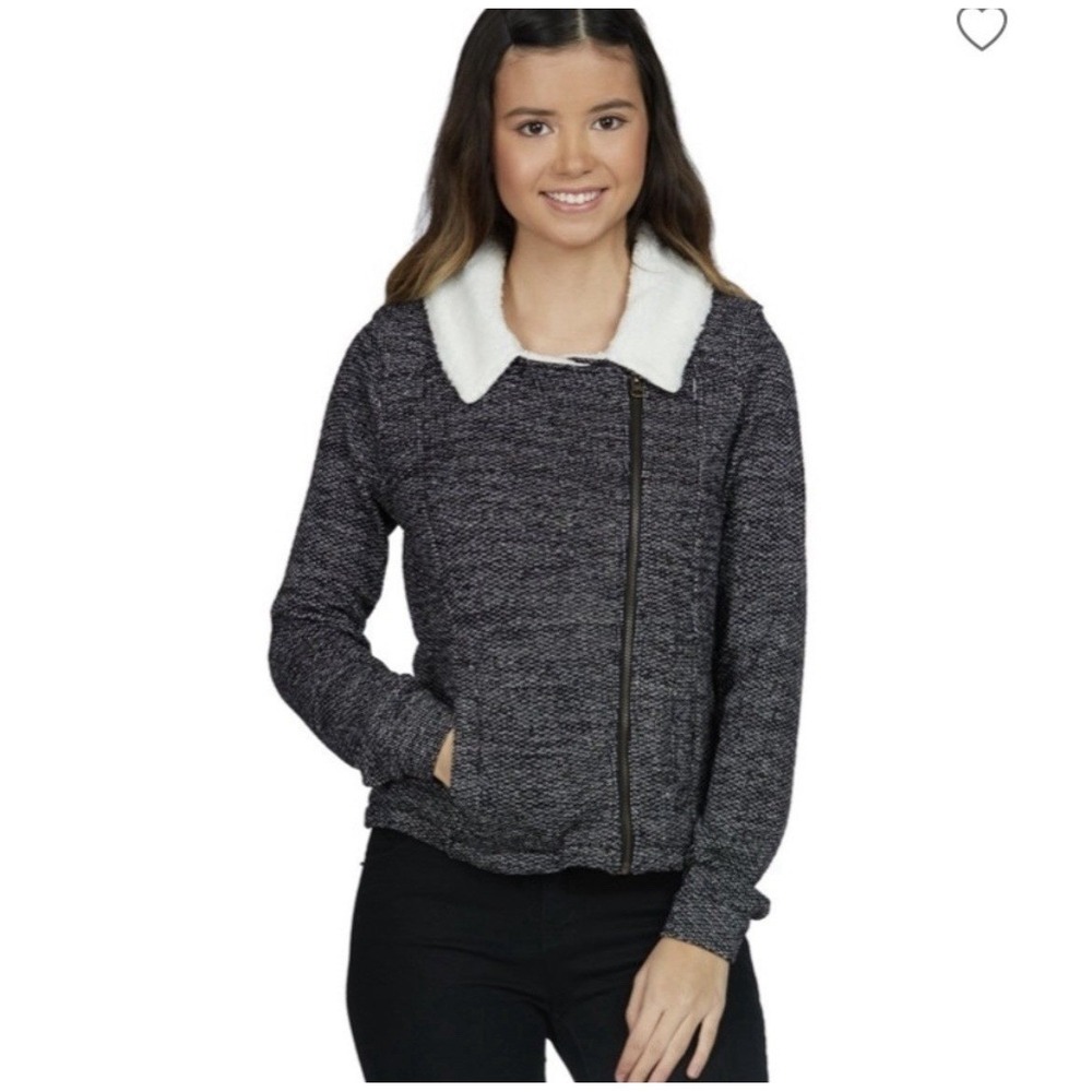 O'Neill Women's Knit Sherpa Lined Jacket Asymmetrical Zip Faux Fur Collar Medium